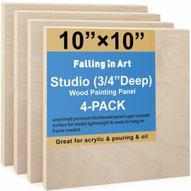 Falling in Art Unfinished Birch Wood Canvas Panels Kit, Falling in Art 4 Pack of 10x10’’ Studio 3/4’’ Deep Cradle Boards for Pouring Art, Crafts, Painting, Burning and More