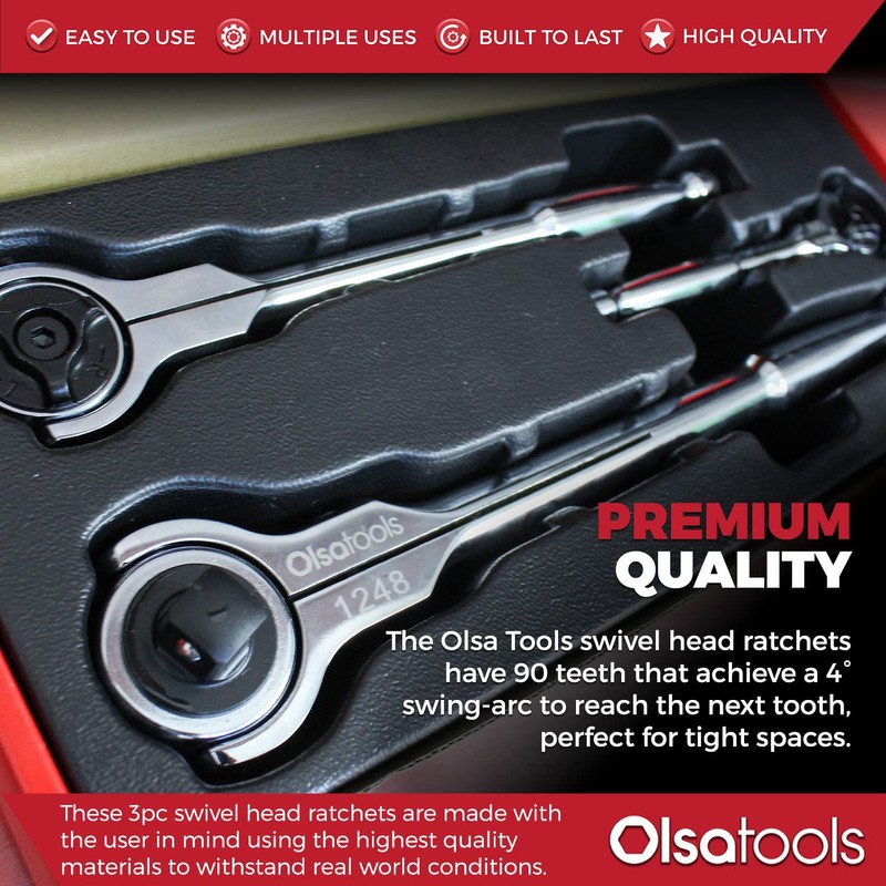 Olsa Tools 90T Swivel Head Ratchet Wrench Set, 3-Piece, Chrome