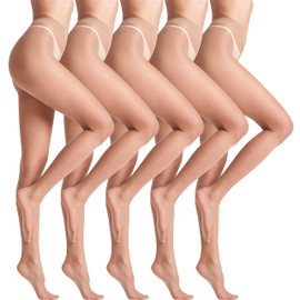 leg elegant 5 Pairs 10D Women's Sheer Tights Ultra Sheer Pantyhose with Control Top, Nude, X-Large