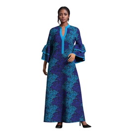 iooiooi Women's Double Layered Bell Sleeve African Maxi Dress Ankara Wedding Party Dress