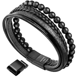 murtoo Mens Bead Leather Bracelet, Natural Bead, Steel and Leather Bracelet for Men Christmas Gift (black onyx bead)
