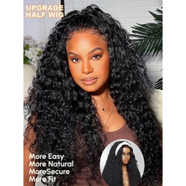 Julia Hair Glueless Half Drawstring Wig Human Hair Water Wave Blend Secure Wear and Go 12A Clip in Half Wig Wear with or Without Headband Wigs Human Hair for Women Beginner Friendly 18 Inch