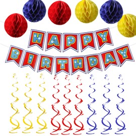 loghohu Paw Birthday Decorations Set - Dog Paw Happy Birthday Banner, Tissue Paper Pom Poms, Hanging Swirls - Yellow, Blue, Red - Birthday Party Supplies