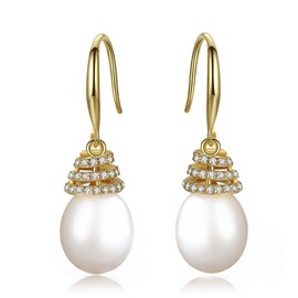 KEETEEN Gold Plated 925 Sterling Silver 10-11mm Freshwater Pearl Teardrop Dangle Bridal Earrings(White)