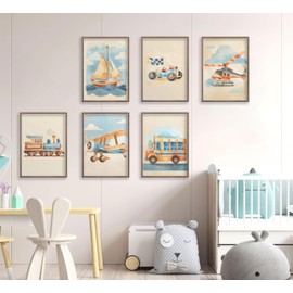 6Pcs Vintage Vehicle Nursery Canvas Wall Art Watercolor Blue Yellow Car Airplane Ship Train Prints Pictures Transportation Vehicle Painting Wall Decor for Children Room Home Decoration