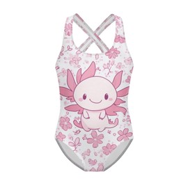 Uppodwarkid Axolotl One Piece Swimsuit for Girls 5-6 Pink Floral Bathing Suit for Toddler Girls with Cross Strap Breathable Soft Swimwear with Crewneck Training Summer Swimming Outfits for Pool