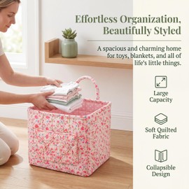 Quilted Laundry Basket with Handles—Multifunctional Fabric Storage Basket, Bohemian-Style Fabric Storage Basket with Handles, Suitable for Home, Picnics, the Office, and the Nursery (Red floral print)