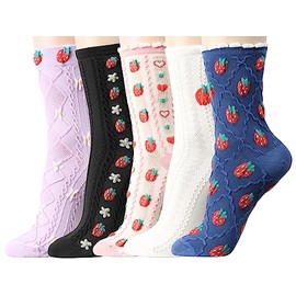 CUSTOMONACO Womens Funny Novelty Fashion Casual Cotton Crew Socks (Strawberry Pattern 5 Pairs)