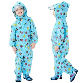 Fewlby Rain Wear Kids, Waterproof Puddle Suit Toddler All in One Overall Muddy Suit Cartoon Car Raincoat, XL Size 7-9 Years