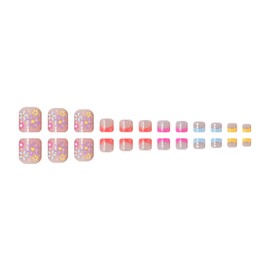 Flower Press on Toenails Short Square Fake Toe Nails French Tip False Toenails Glossy Full Cover Acrylic Glue on Toenails Summer Toe Nails Artificial Stick on Toenails for Women Manicure 24 Pcs