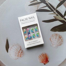 Summer Press On Nails Short Square Fake Nails with Colorful Starfish Design Full Cover Nude Stick on Nails Cute Ocean Waves False Nails Glossy Artificial Reusable Glue on Nails for Women Girls