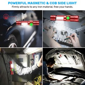 Rechargeable LED Flashlights, Magnetic Flashlight Super Bright Tactical Flashlight with SideLight,USB Rechargeable,Zoomable,Waterproof Best Small Flashlight for Camping, Emergency Red