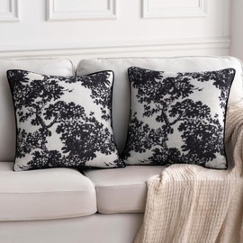 Vintage Floral Linen Throw Pillow Cover 20x20 1PC William Morris Nature Pattern Textured Couch Pillow French Country Accent Decorative Pillow Case for Bed Living Room Square Throw Cushion Black White