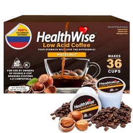Healthwise Hazelnut 100% Colombian Coffee K-Cups Low Acid - Medium Roast, For Sensitive Stomachs, – 36 Count (Pack of 3)