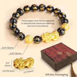 WHFDCai Feng Shui Wealth Bracelet, 12mm Black Obsidian Bracelets with Pixiu Character, Luck Protection Bracelet for Men, Women, Lovers, Couples, Parents
