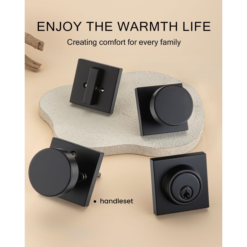 Haidms Matte Black Door Knobs with Deadbolt, Heavy Duty Front