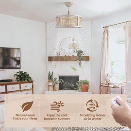 hummingbird 20 Inch Rattan Caged Ceiling Fan with Light, Boho White Fandelier Ceiling Fan with Lights and Remote, Enclosed 6 Speed for Bedroom Kitchen Dining Room