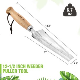 WORKPRO 12.5" Weeder Puller Tool with Wood Handle, 4-in-1 Polished Stainless Steel Garden Trowel, Hori Hori Garden Knife for Easy Weeder Removal, Planting, Weeding, Small Gardening Hand Tools