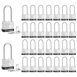 RookMad Keyed Padlocks, Laminated Steel Padlock, Keyed Alike Locks with Same Keys, Long Shackle, PE Plastic Hoop, The Lead Content of This Pad Lock complies with CA65, 30 Pack