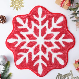 FEBSNOW 1PCS Red Snowflake Bathroom Rug, Christmas Decor Snowflake Welcome Mat Non Slip Round Shaped Tub Rug, Washable Bathroom Bathtub Kitchen Rug Decoration (15.8 x 15.8 inches)
