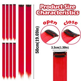 KAIYAYA Pack of 10 Coloured Hair Extensions, Hair Strands for Clip-in Extensions, Children's Hair Extensions, Heat Resistant Hairpieces, Clips for Women, Girls, Children, Party (Chinese Red)