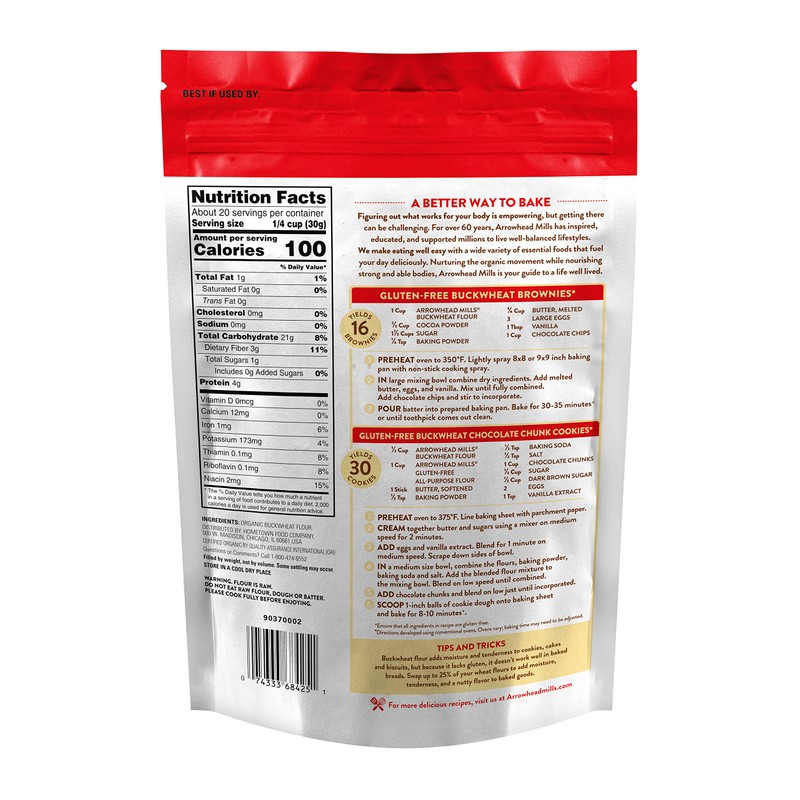 Arrowhead Mills Organic Buckwheat Flour, Gluten Free, 22 Ounce Bag