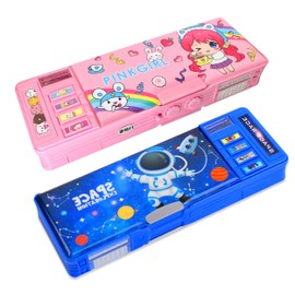 【2Pack】Pop Up Multifunction Pencil Case for Girls and Boys, Cute Cartoon Pen Box Organizer Stationery with Lock, Sharpener, Schedule, Whiteboard, School Supplies, Best Gifts for Kids(Pink+Blue1)