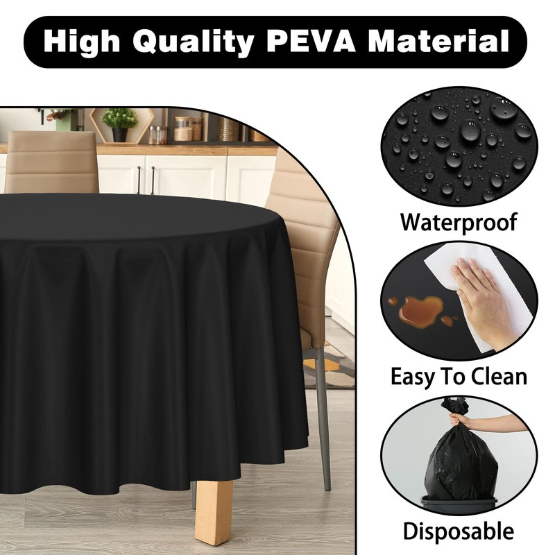 Kopokita 2 Pack Black Round Disposable Plastic Tablecloths 84 inch