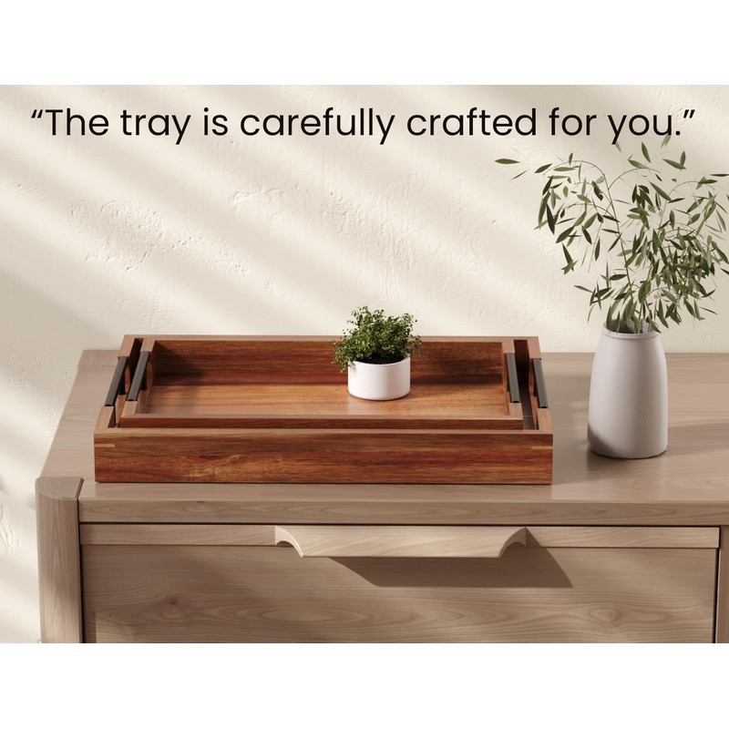 Fibogollo Acacia Wood Set of 2 Serving Tray with Metal