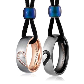 Aienid Matching Necklaces for Couples,His And Hers Engraved Rhinestone Ring Pendant Set 6MM Puzzle Heart Stainless Steel Wedding Band Rope Chain Mood Beads