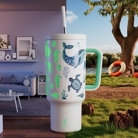 【Latest Style】 - Meoky Stay Hot Or Cold All DayStainless Steel Thermos Cup, Perfect For Car, Office & Travel, Large Capacity, Trendy Design, Gift Ready!:_Glow-in-the-dark white marine life