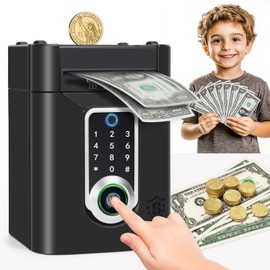 Fimeetoy Fingerprint Money Box for Kids, Touchscreen Piggy Bank Toys for 3+ Year Old Boys Gift Ideas, Electronic Money Saving Box for Girls, Birthday Gifts for Boys ATM Machine for Kids（Black）