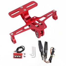 Motorcycle License Plate Holder with Left/Right Turn Light Motorcycle License Plate Holder LED Light Adjustable Universal CNC Aluminium Number Plate Holder For Most Popular Motorcycle Models (Red)