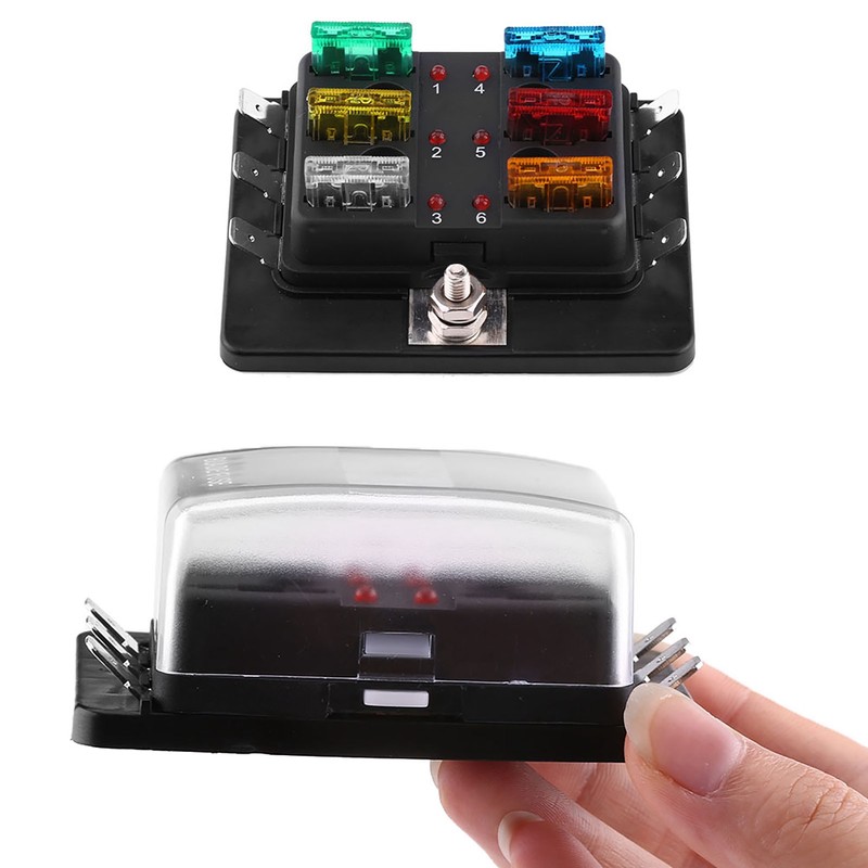6 Way Circuit Blade Fuse Box Block Holder With LED