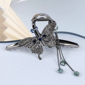 Butterfly Hair Claw Clips for Women, Rhinestone 2Pcs Large Non-Slip Strong Metal Hair Jaw Hold Clips with Tassel Crystal Hair Claws Big Butterfly Clips Pearl Hair Clips Headwear Gifts