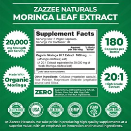 Zazzee Organic Moringa 20:1 Extract, 20,000 mg Strength, 180 Vegan Capsules, 100% Pure Oleifera Leaf Superfood, Concentrated and Standardized 20X Extract, All-Natural, Non-GMO, Made in The USA