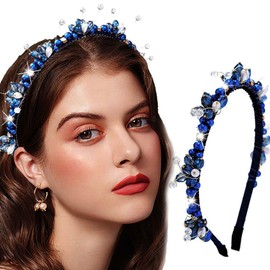 Sinalty Blue Rhinestones Headbands Thin Non-Slip Crystal Hair Bands Sparkle Beaded Hair Hoop Embellished Hair Accessories for Women
