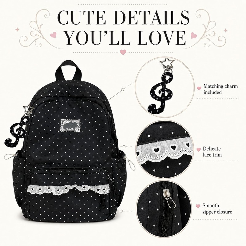 Polka Dot Backpack, Cute Lace Daypack for School Travel