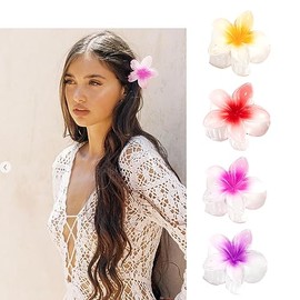 Depoka Hair Claw Clips, 4 Pack 2.8" Shiny Hawaiian Plumeria FLower Claw clips, Hair Clips for Women, Girls, for Thick, Medium, Thin Hair Type, Shiny Colors Set-3