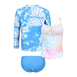 Moon Tree Girls 3 Piece Long Sleeve Rash Guard Swimsuits Set Tankini Bathing Suits for Girls Beach Swimwear Pink Blue Size 8/7-8 Years