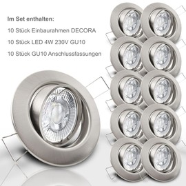 trendlights24 Decora LED Recessed Spotlights 230 V Stainless Steel Look Round Set of 10 Spotlights 4 W GU10 Warm White Ceiling Recessed Light 68 mm Swivelling