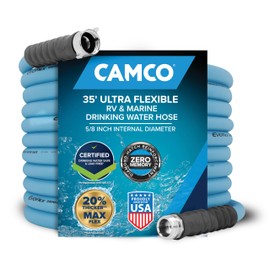 Camco EVOFlex 35-Ft RV Drinking Water Hose - Features Extra Flexible Design w/Stainless Steel Strain Relief Ends - Lead-Free, BPA-Free and Phthalate-Free - 5/8” Inside Diameter (22595)