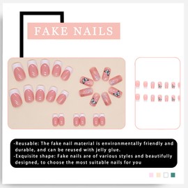 Press on Nails Medium Square Fake Nails Full Cover Glossy False Nails With Butterfly Designs White French Tip Glue on Nails for Women