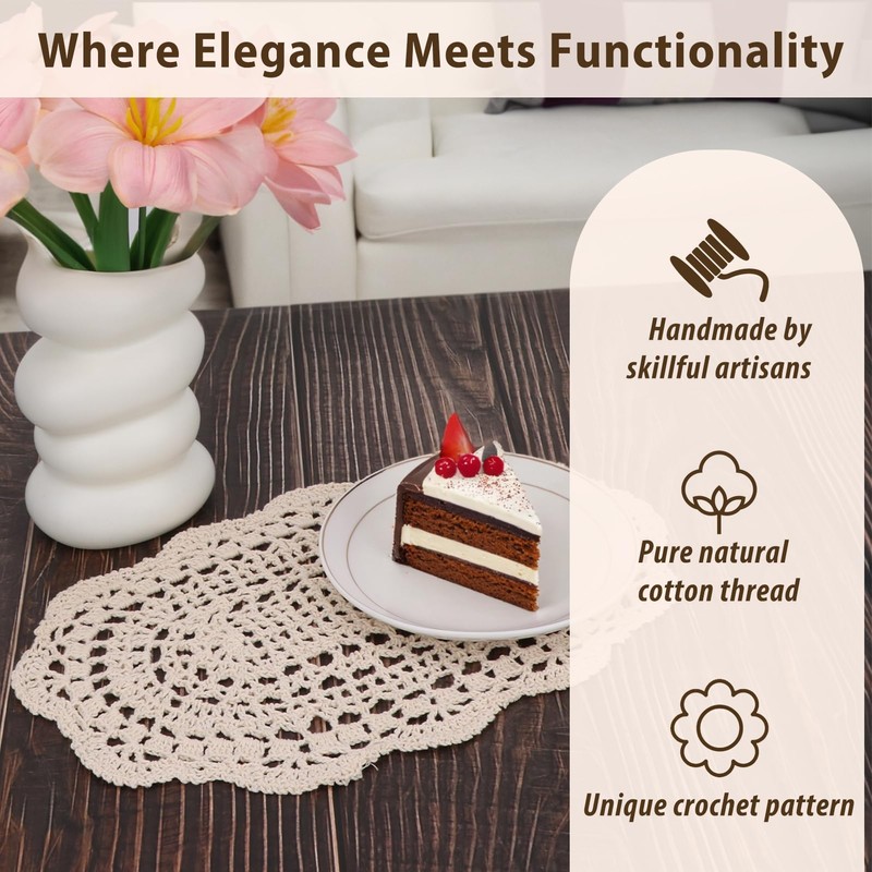 kilofly Crochet Cotton Lace Placemats Doilies 4pc, Oval, Beige, 7.8