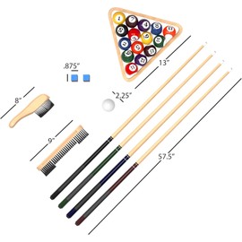 Billiard Pool Table Accessory Kit - 32 Pieces. Billiards Balls, Cues and Bridge, Stick Repair, Cue Rack, Table Brush, Table Cover, Tally Bottle