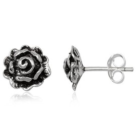 EYS JEWELRY Women's Rose Flower Stud Earrings 925 Sterling Silver Oxidised Women's Earrings, Sterling silver