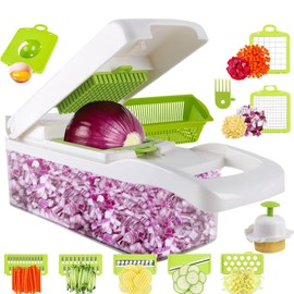 Cortador de Verduras 12 en 1, Picador de Verduras Multifuncional Mandoline Rayadores para Cocina con 6 Cuchillas de Acero Inoxidable y Contenedor, Ide