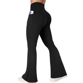 COPYLEAF Flare Leggings with Pockets for Women Seamless Crossover Yoga Pants with Tummy Control Bootcut Work Pants Trendy Black