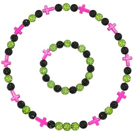 NUSTTAL Baseball Cross Necklace Bracelet Set 16 Inch, Rhinestone Beaded Elastic Chain, Sport Jewelry for Baseball Fans Players, Game Day Team Spirit Gift for Men Women-Black/Light Green+Hot Pink Cross