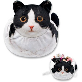 Openhahaha Bolsa de cosméticos con forma de gato, divertida bolsa de maquillaje de gatitos con cordón, bolsa de viaje para cosméticos, bolsa de aseo suave de animales, estuche organizador para amantes de los gatos, Gato blanco y negro.